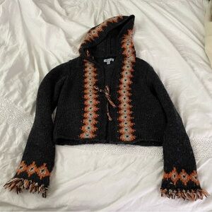 BDG MEDIUM Y2K 90s Vintage Chucky Knit Hooded Fair Isle Cardigan Sweater gray